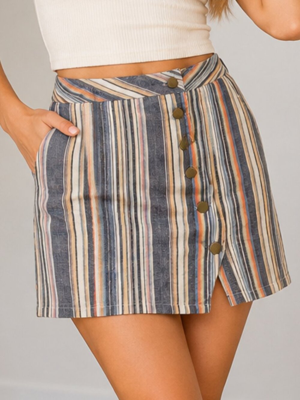 Altar’d State Striped Button Front Mini Skirt Multicolor Boho